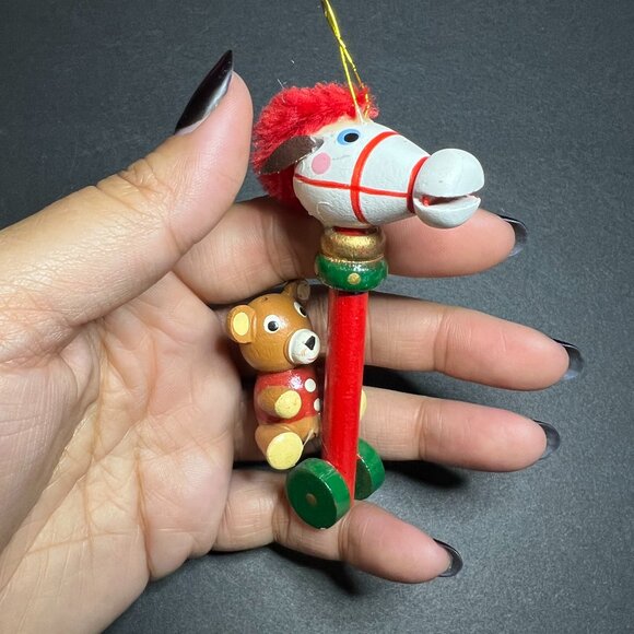 VTG Lot of 3 Ceramic & Wooden Bear Stocking & Riding Horse Christmas Ornaments - Picture 9 of 10